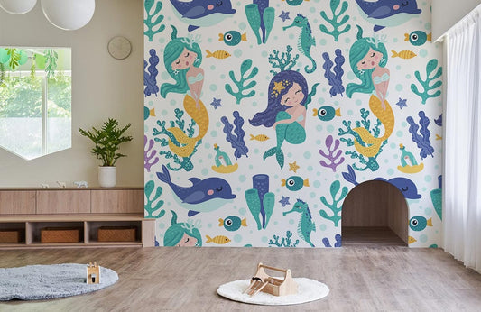 Sea life and fish wallpaper in a sea of color for a room