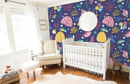 wallpaper with brightly colored sea plants for a baby's nursery