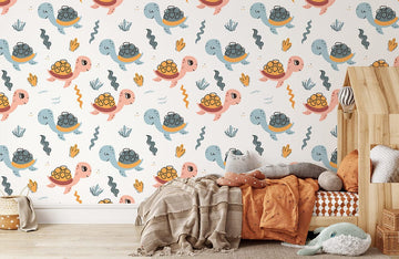 Cute Whimsical Turtle Kids Mural Wallpaper