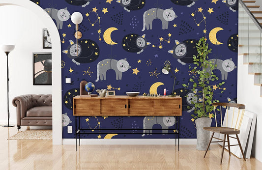 living room wallpaper with a cartoon cat against a starry night sky