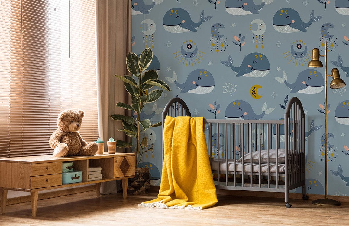 children's night wallpaper with a dolphin baby and the moon