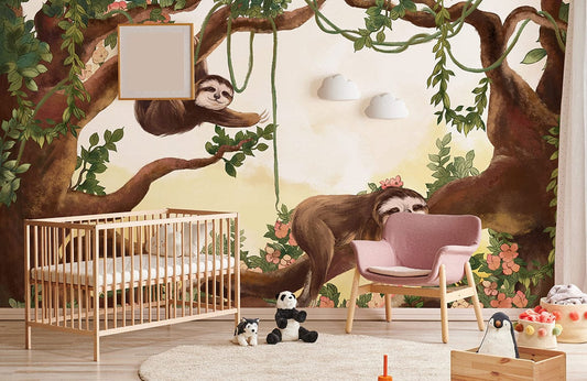Kids' room mural wallpaper with sloths hanging from tree branches.