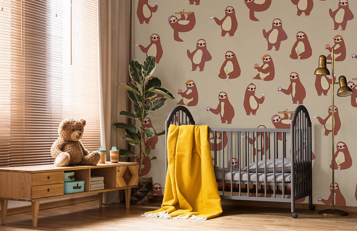 Decoration for a nursery consisting of a brown wallpaper mural featuring a sloth.