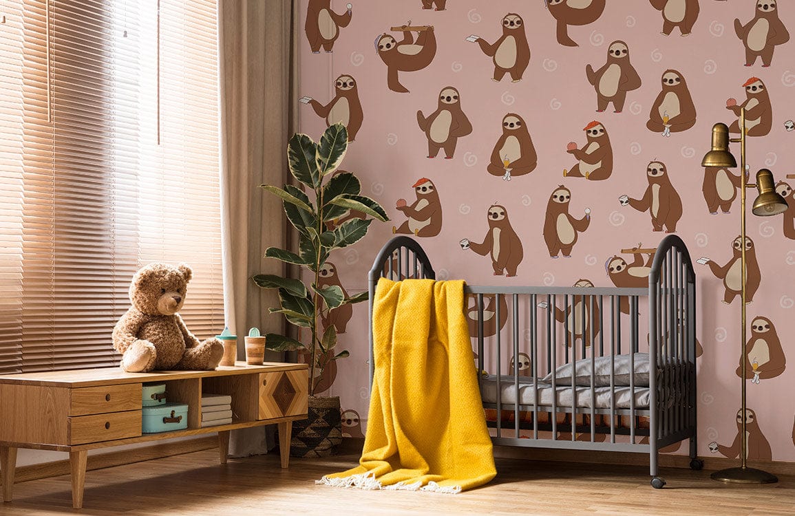 The sloth is featured on a pink wallpaper mural that may be used for nursery décor.