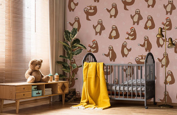 Playful Sloth Pink Nursery Mural Wallpaper