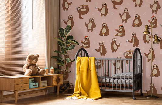 The sloth is featured on a pink wallpaper mural that may be used for nursery d��cor.