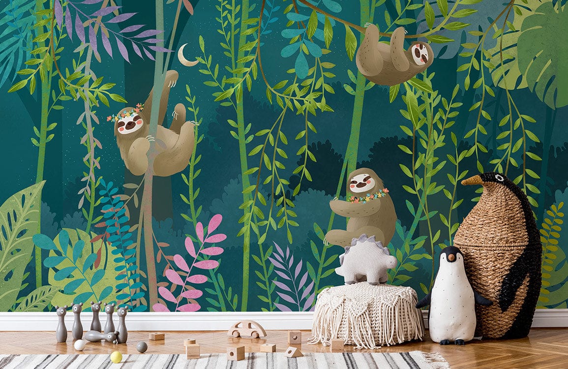 A wallpaper mural for a child's room that depicts a sloth having fun on vines.