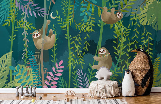 A wallpaper mural for a child's room that depicts a sloth having fun on vines.