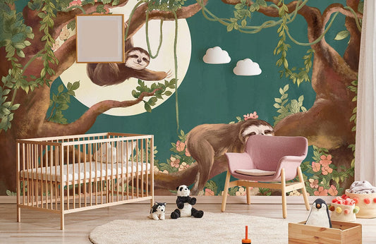 The ideal decoration for a child's bedroom would be a mural depicting sloths having fun in the trees at night.