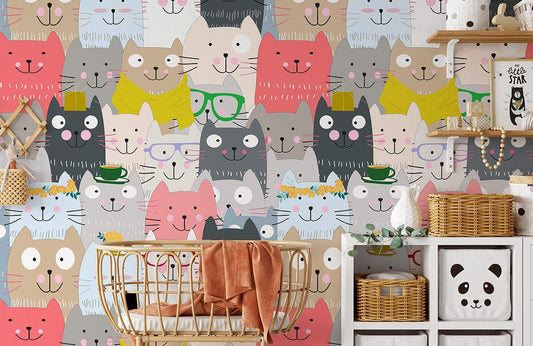 mural wallpaper designed just for the nursery, with a pattern of cats smiling.