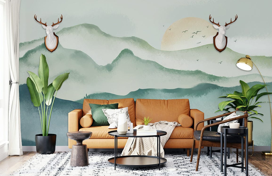 Wallpaper mural of the sun behind a mountain for living room décor