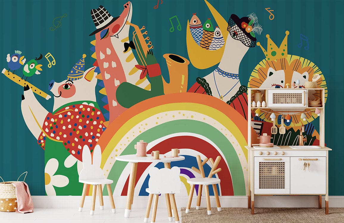 Wall painting for a nursery that depicts animals performing in a musical symphony