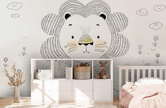A wallpaper mural of an unpainted lion is a great option for decorating a child's room.