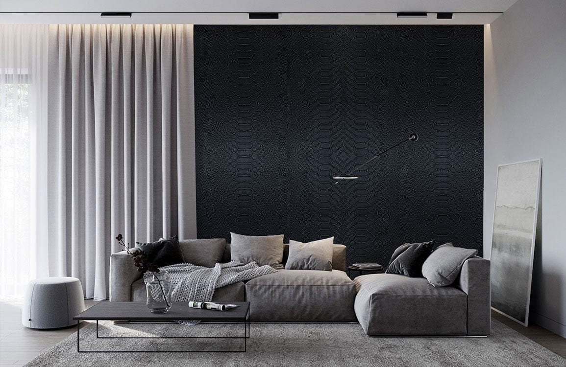 Wallpaper mural with a dark python skin texture for use in interior design.