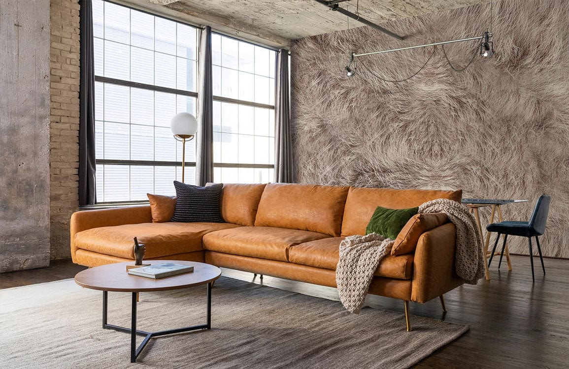A wall mural of a neutral animal's fur is used in this living room decor.