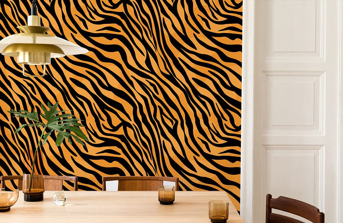 mural of tiger fur and animal skin wallpaper used for decorating the dining area.