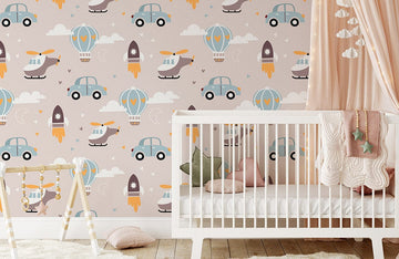 Whimsical Transport Kids Room Mural Wallpaper