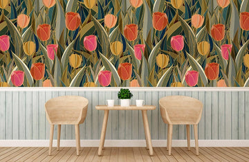Carta da parati murale vintage floreale con tulipani e oro