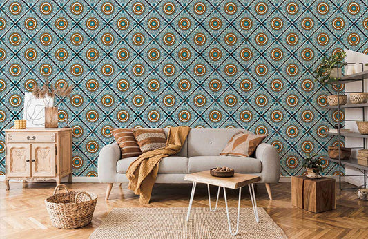 wallpaper with a turquoise-colored floral pattern for the living room