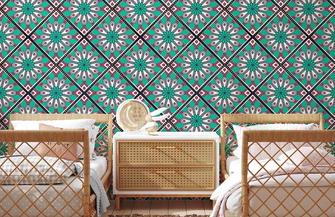 wallpaper murals for bedrooms with a turquoise floral pattern