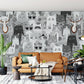 Wall Cartoon Mural Painting with Uncolored Cats, Featuring a Variety of Different Breeds, for Interior Design of Homes