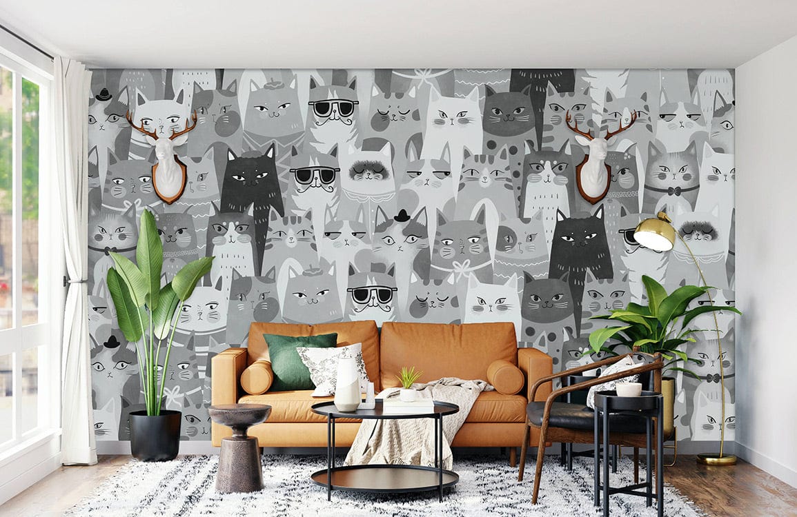 Wall Cartoon Mural Painting with Uncolored Cats, Featuring a Variety of Different Breeds, for Interior Design of Homes