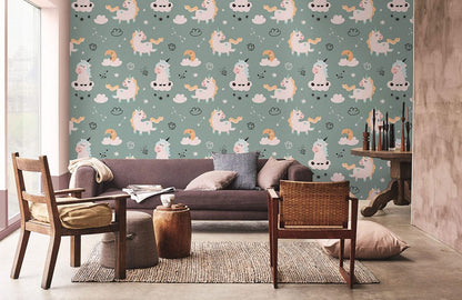 Wallpaper with a pattern of cartoon unicorn animals for the house