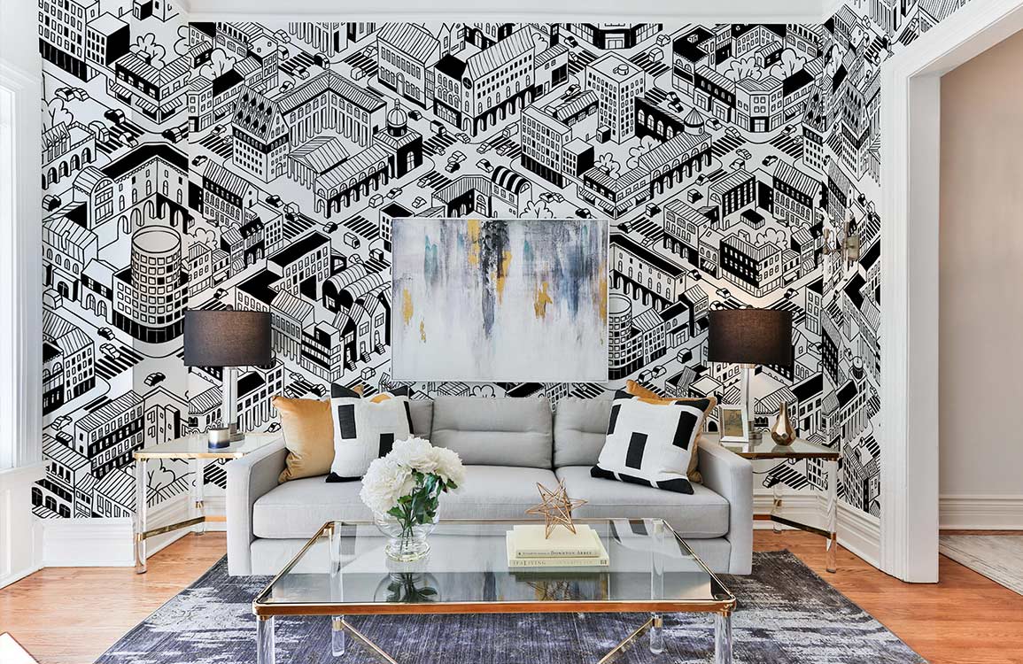 sketch buildings wallpaper mural for living room design