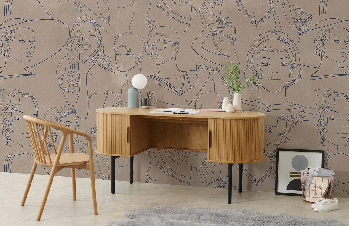 Art deco wallpaper featuring a variety of individuals portraits, suitable for home or office decoration