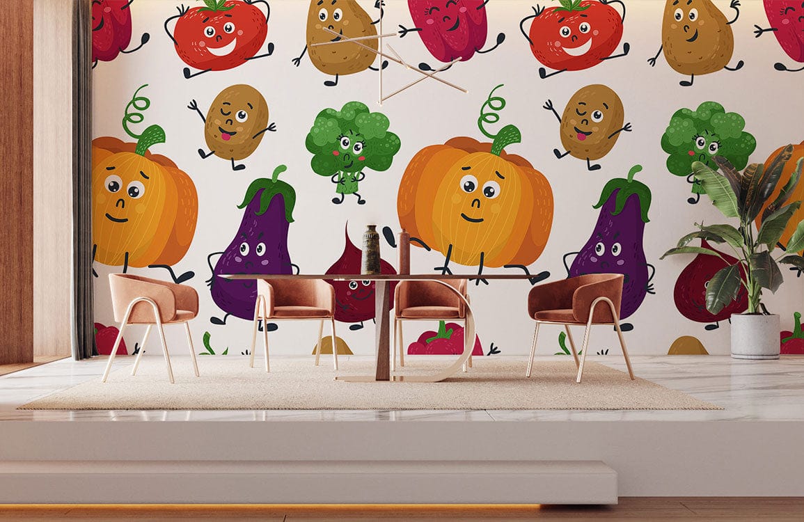 wallpaper depicting vegetables and fruits in a cartoonish manner