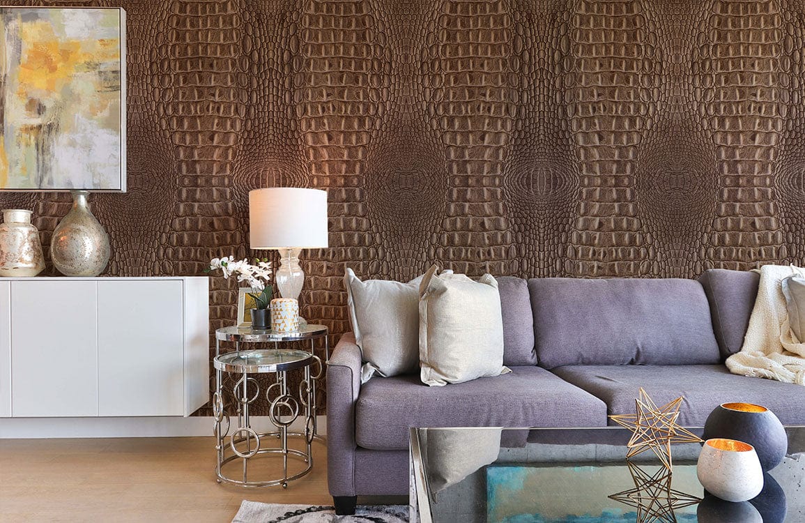 A wallpaper mural depicting a vertical brown python skin animal is employed for the décor of the living room.