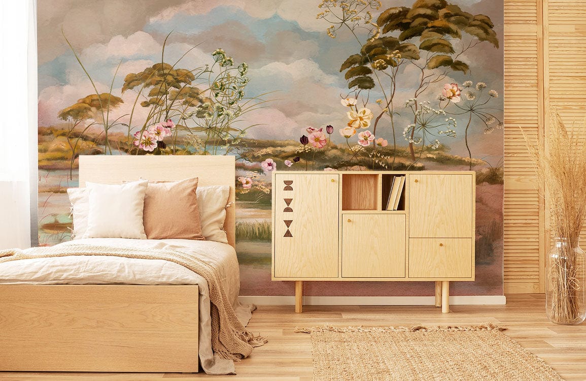 old photographs of flower scenes mural wallpaper with a delicately painted design, intended for use in bedrooms