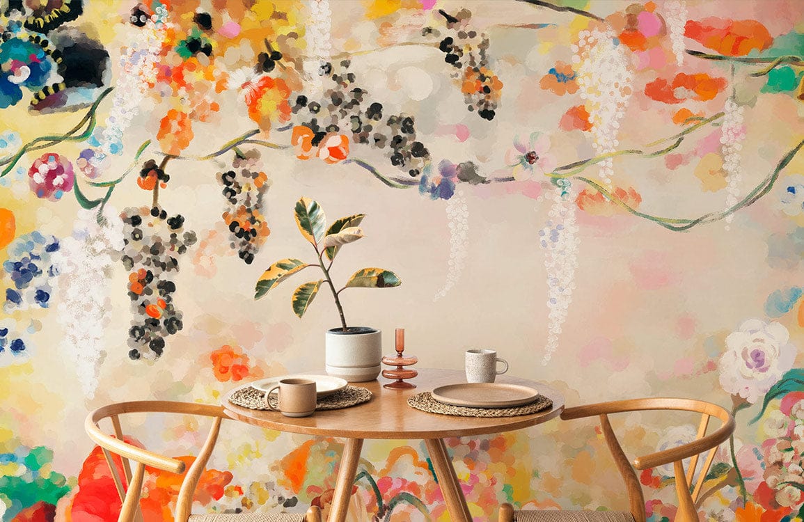 A mural in the dining room wall that has flowers painted in watercolour