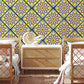 Bedroom wall mural wallpaper with a yellow flower pattern.