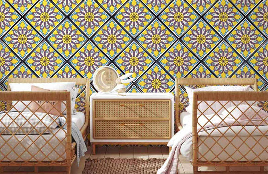 Bedroom wall mural wallpaper with a yellow flower pattern.
