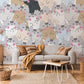 bespoke wallpaper mural for house , a design of shy cats repeat pattern