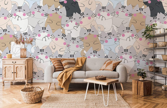 bespoke wallpaper mural for house , a design of shy cats repeat pattern