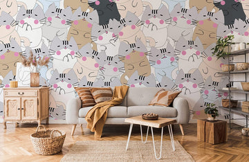 Playful Cats Pink Accent Mural Wallpaper