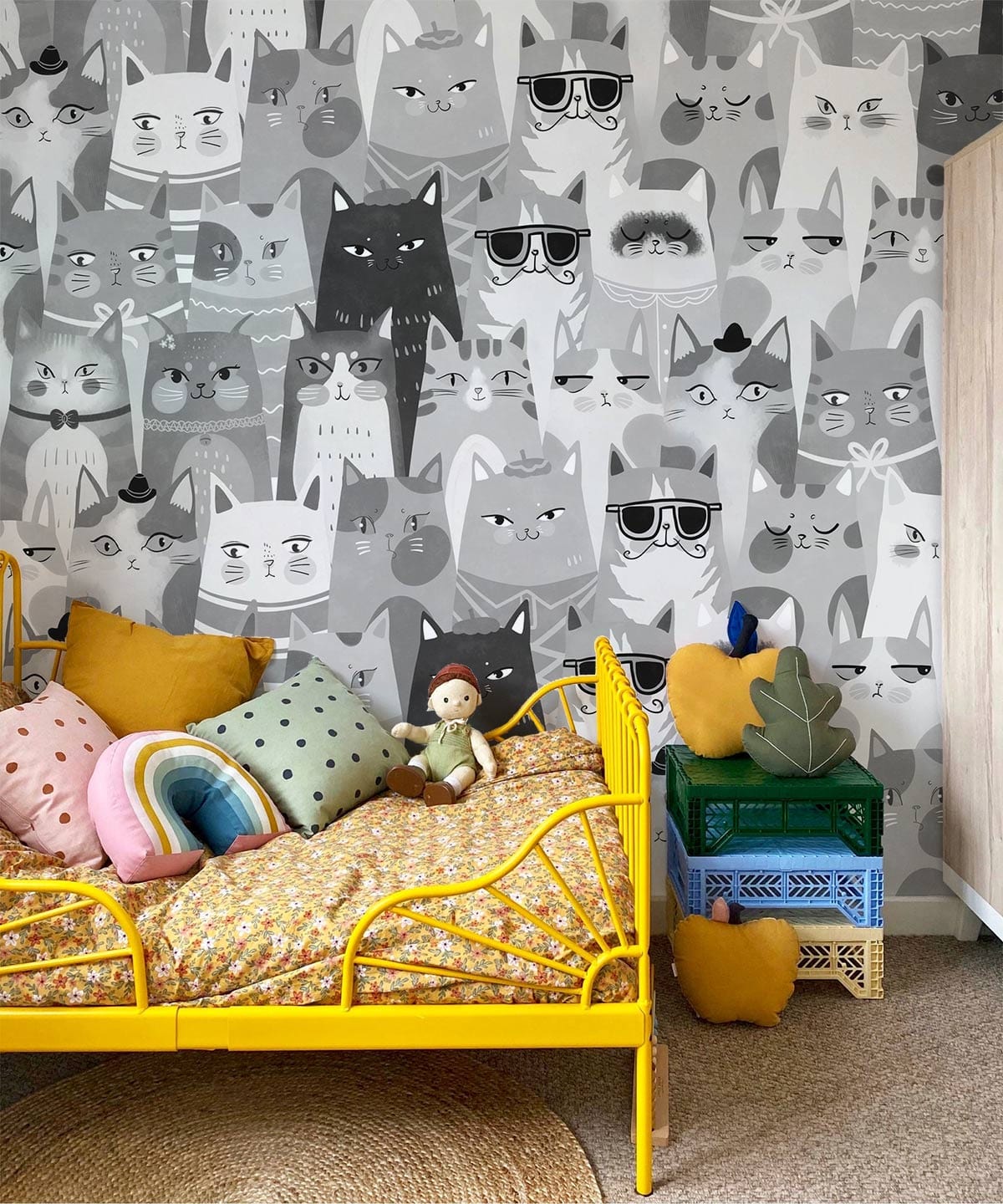 Wall Decals for Children's Rooms Depicting Various Black-and-White Kitties in Cartoon Style