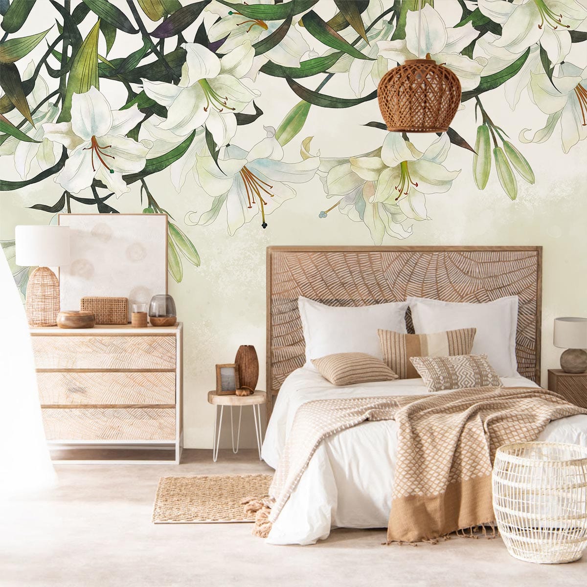 Decoration of the bedroom with a wallpaper mural with lily flowers