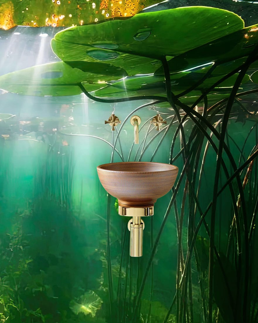 Wallpaper mural featuring an underwater scene of a pond, ideal for use as bathroom decor.