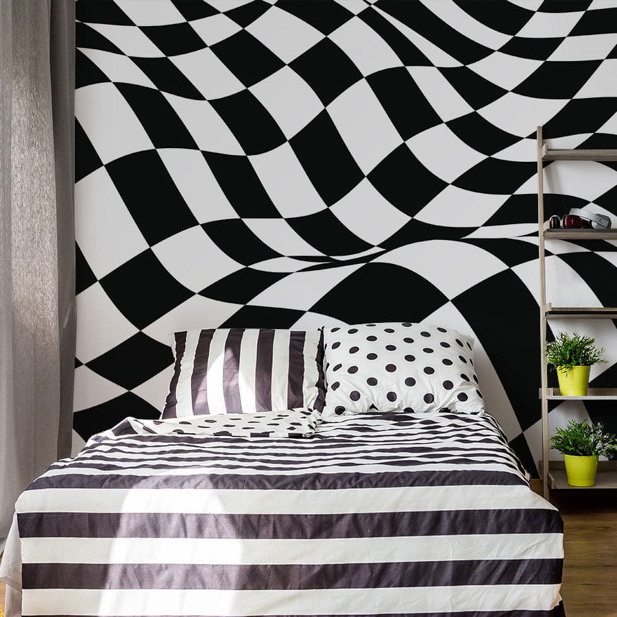 Wallpaper mural with undulating checkerboard grid design for use as bedroom decor
