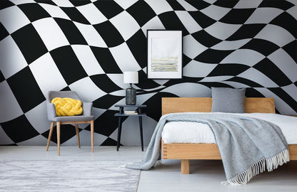 Checkerboard Wallpaper Mural for Bedroom Decoration Featuring Undulating Grids