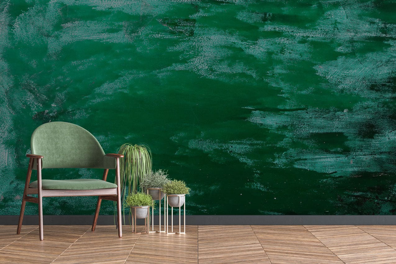 Decorate your hallway with this uneven green paint wall mural that has a wallpaper mural.
