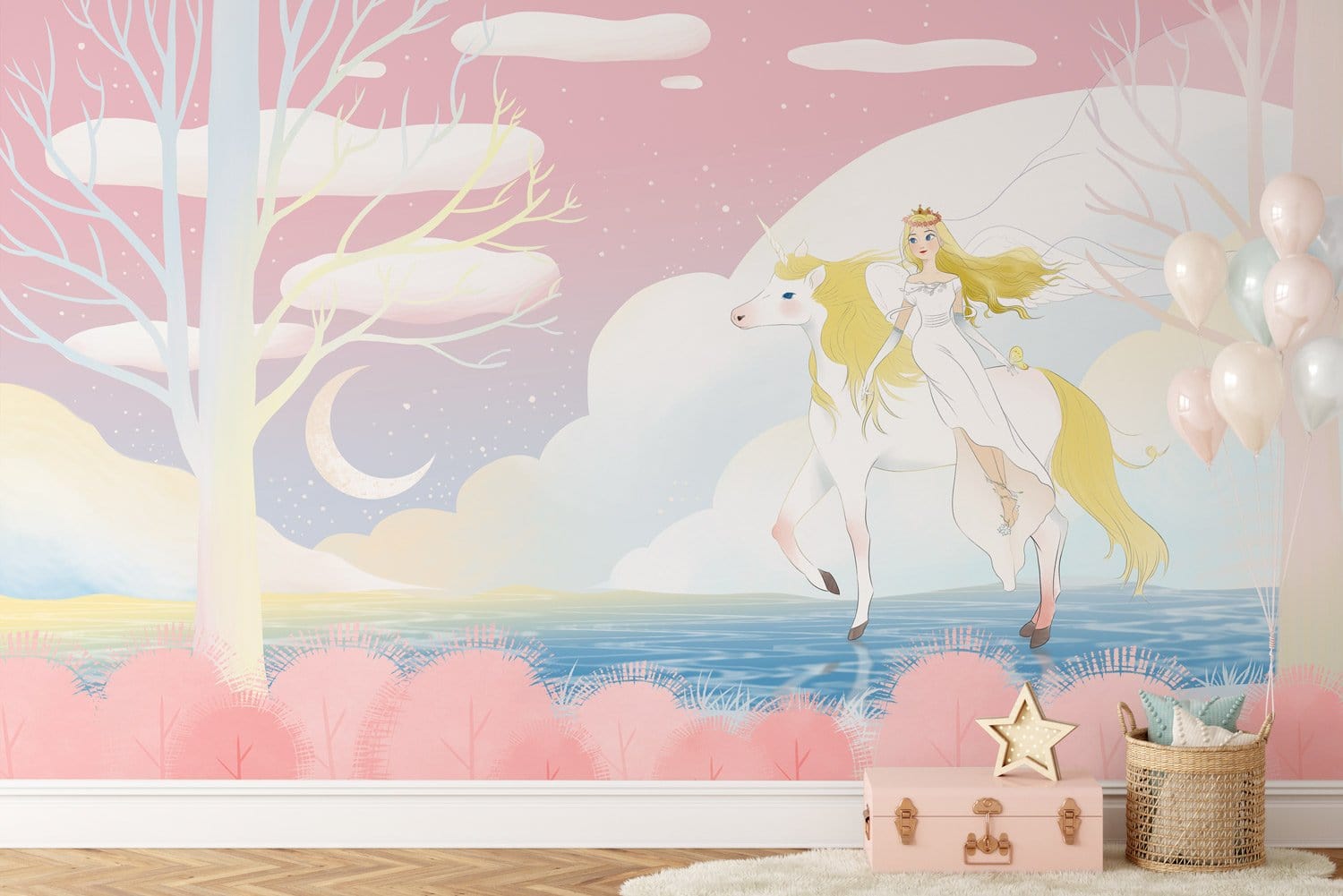Wallpaper mural featuring a unicorn and other animals, perfect for decorating nurseries.