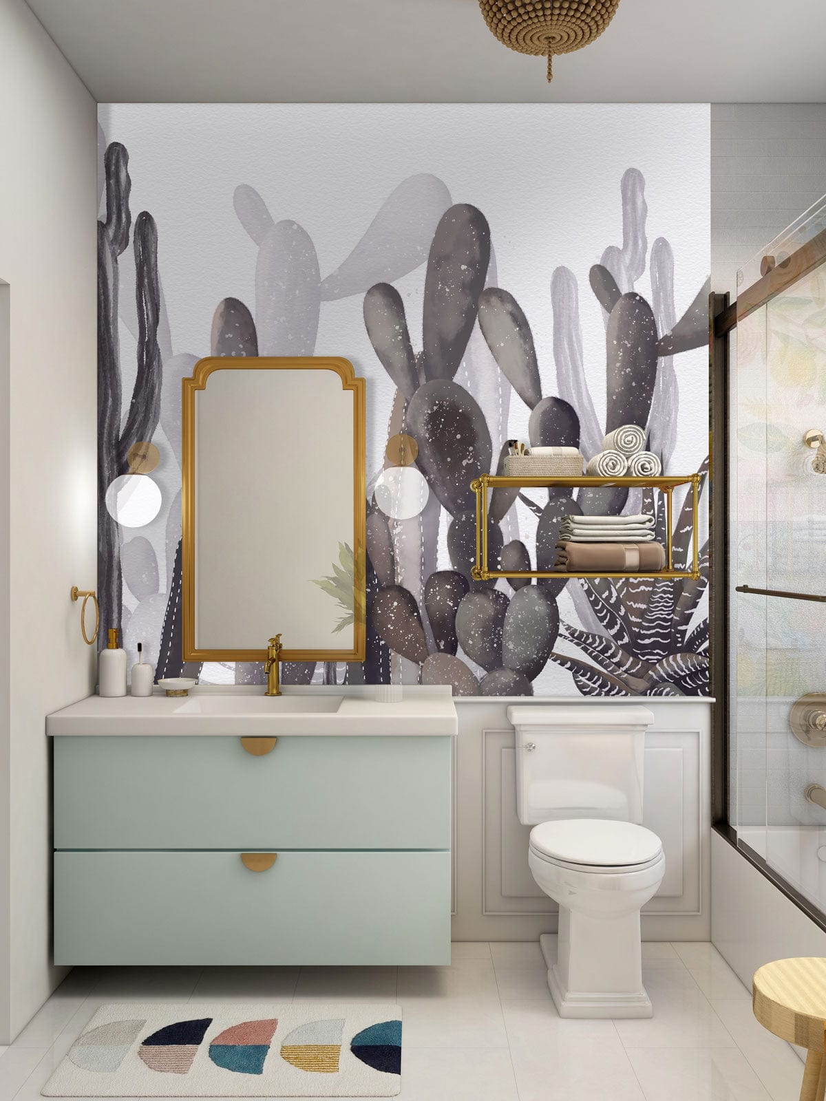 Suitable for use in the bathroom, this wallpaper mural features a watercolour cactus pattern that has not been painted.