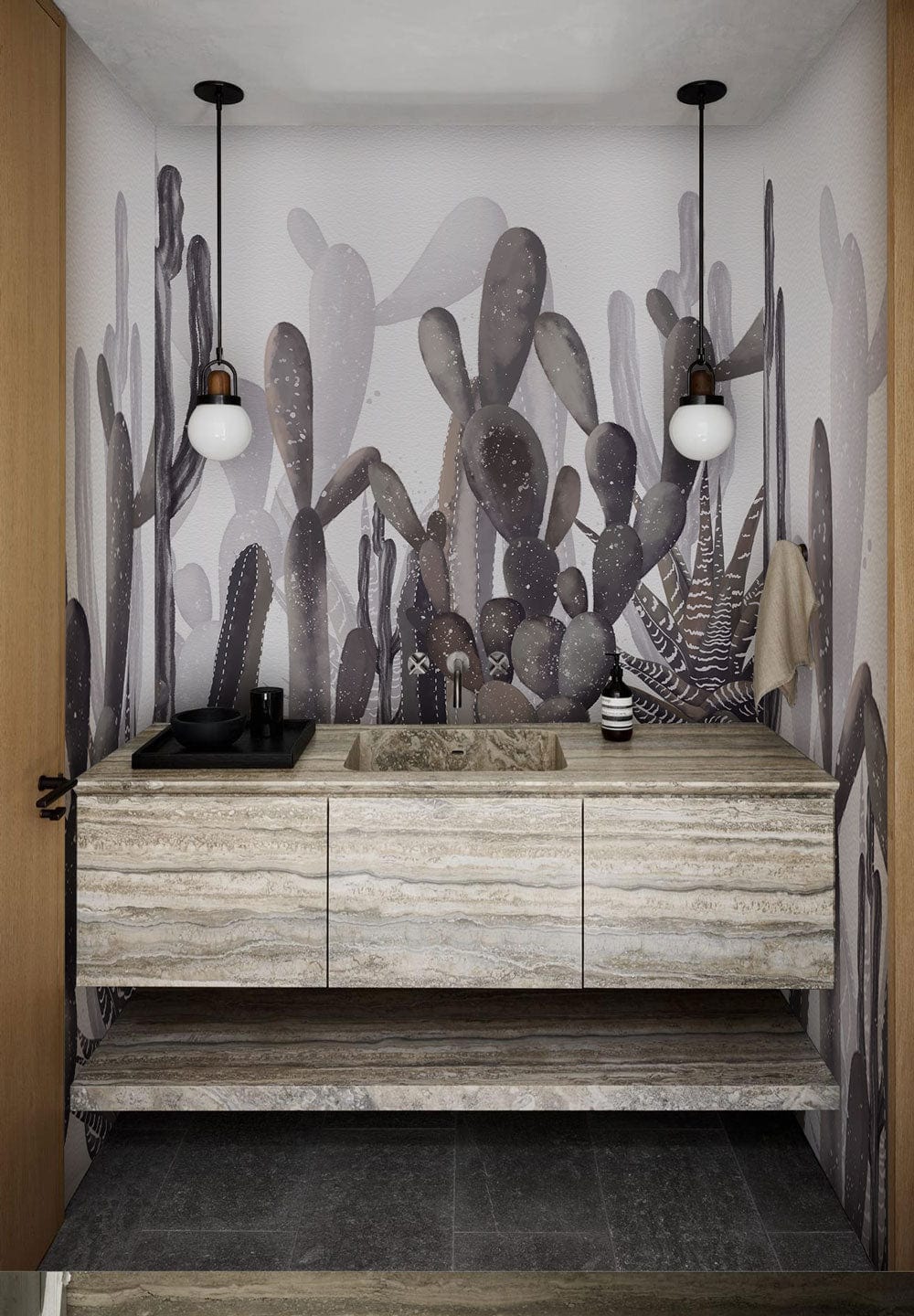 The cactus wallpaper mural has watercolours and is left unpainted so that it may be utilised in the process of bathroom decoration.