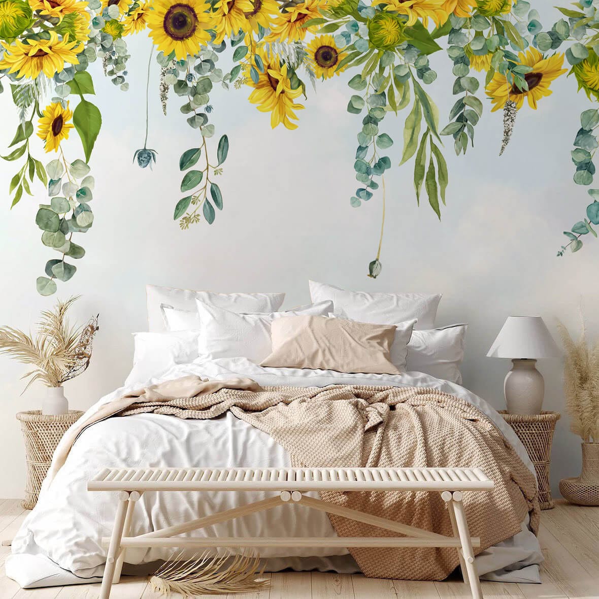 blue sky and yellow sunflower mural art bedroom