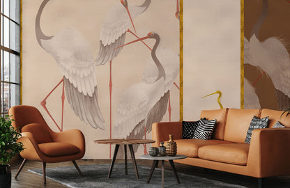 Elegant Gold Crane Bird Mural Wallpaper in living room
