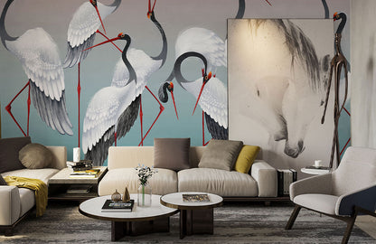 Elegant Crane Dance Nature Mural Wallpaper in living room